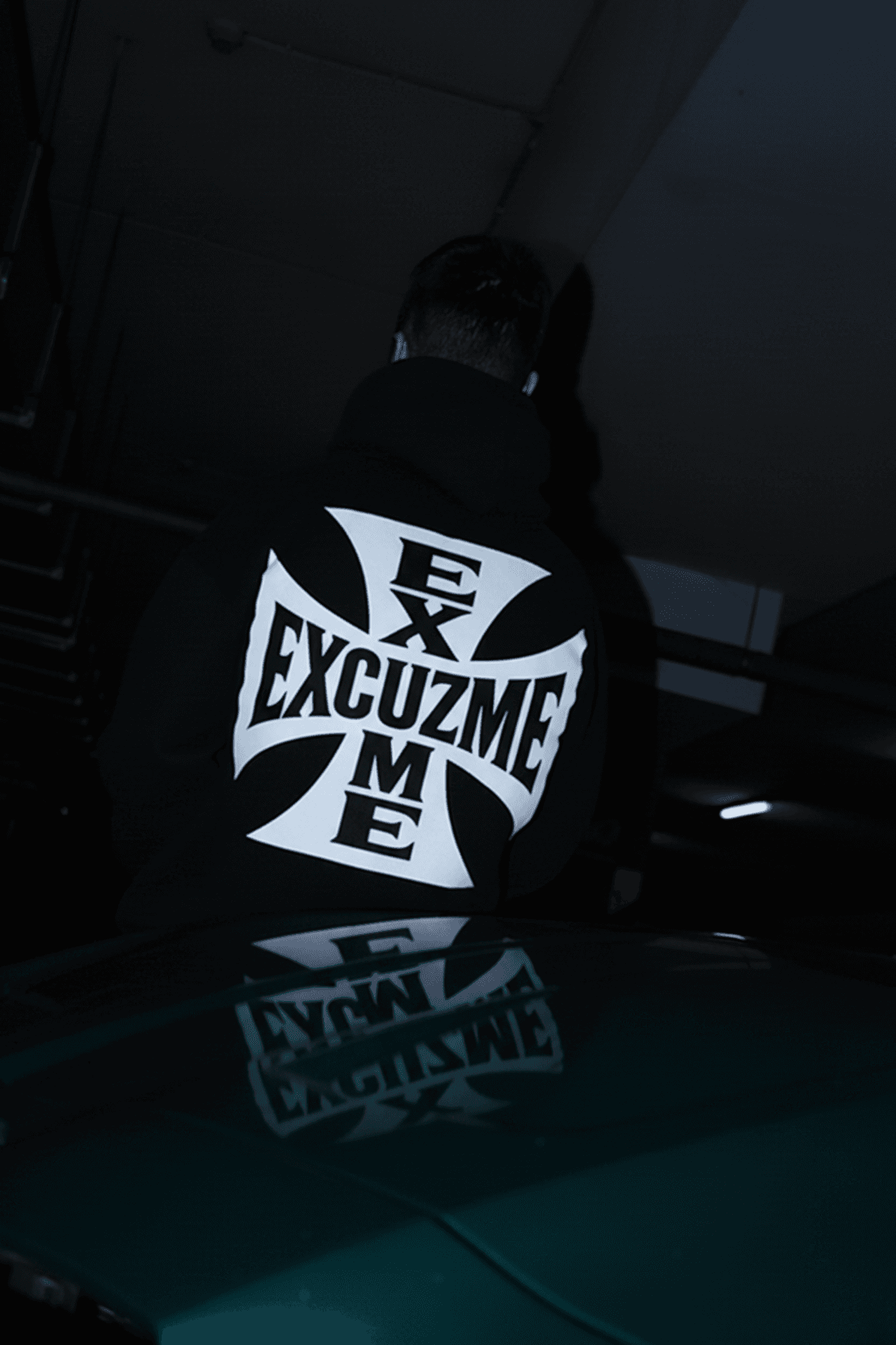 Iron Cross hoodie shot from an angle.